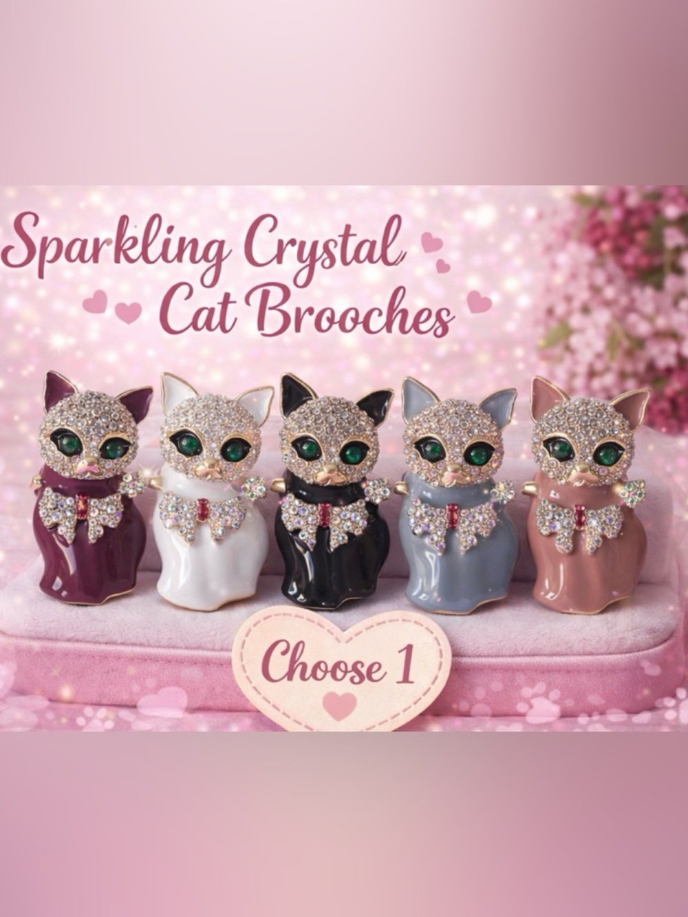 Sparkling Crystal Cat Brooch - Pink, Gray, White, Black or Burgundy
